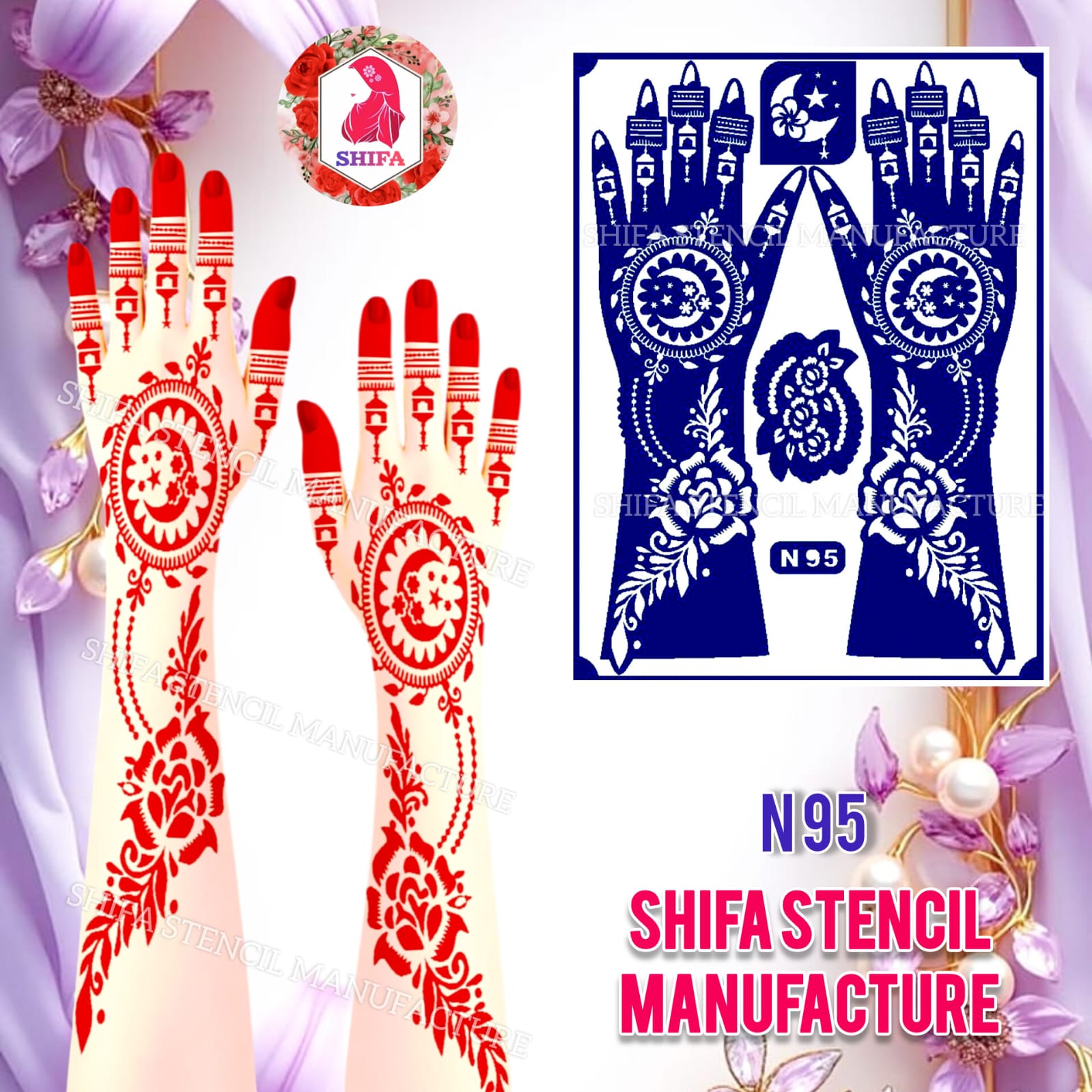 N 95 Mandala Moon & Blooming Rose Stencil Sticker Overview Henna Stencil - Shifa Stencil